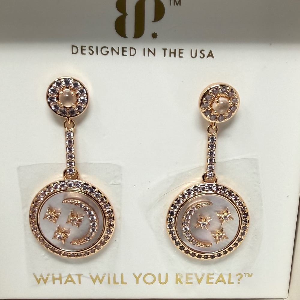Bomb Party Halo Moonstone Mother of Pearl Rose Gold Necklace Earrings Set - Picture 4 of 7